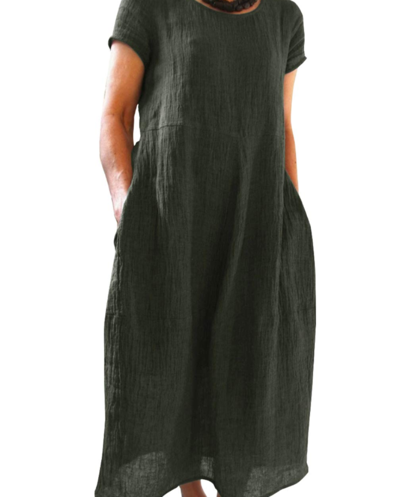 Risa Maxi Dress for Women – Bohemian Dress with Round Neck, Short Sleeves & Pockets