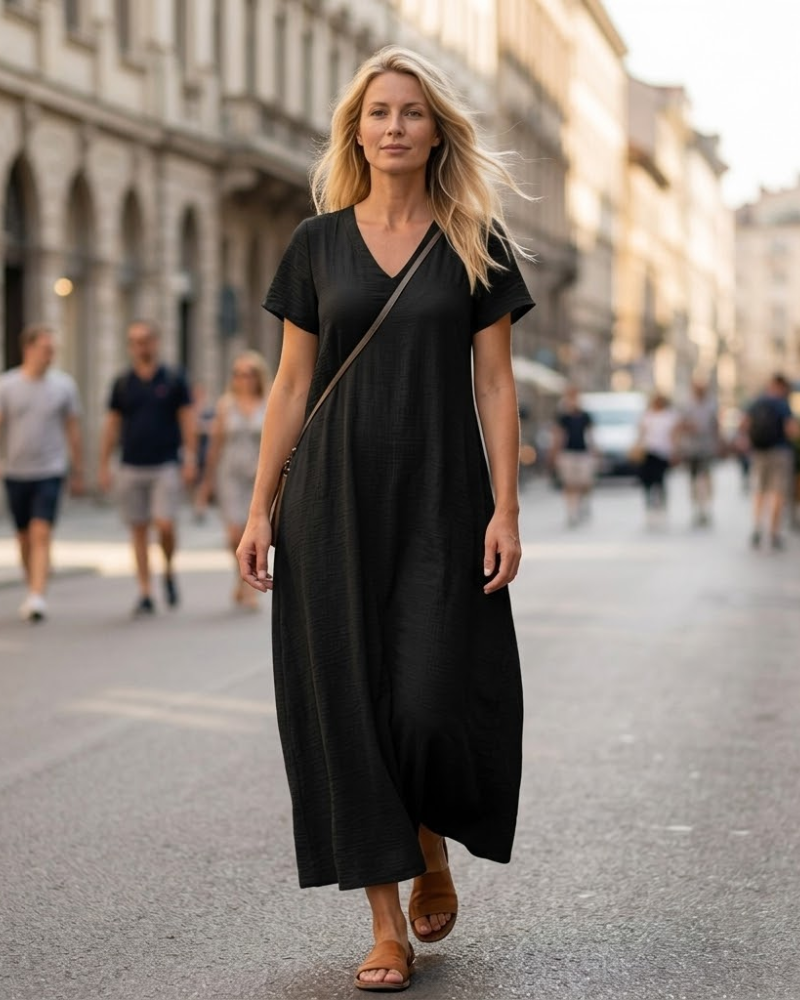 Laura Women's Dress – Long Linen V-Neck Bohemian Fluid Cut Comfortable Summer Dress