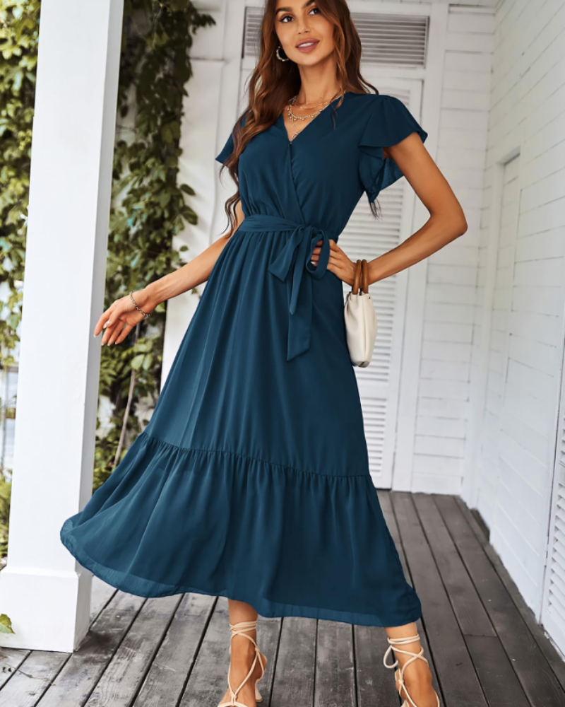 Anita Maxi Dress for Women – Bohemian Floral Dress with V-Neck, Ruffles, and Belt for Summer