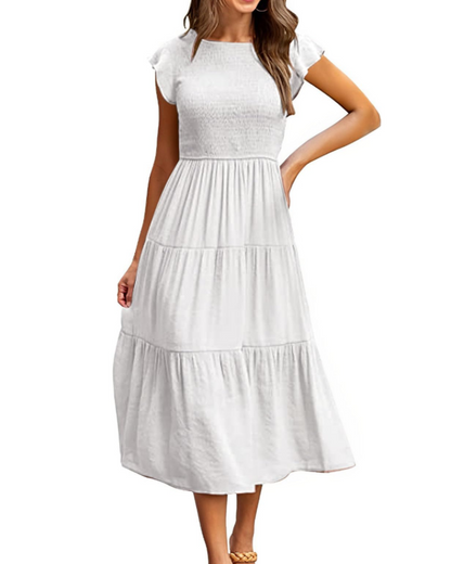 Plinky Women's Dress – Summer Ruffle Elastic Waist A-Line Midi Dress