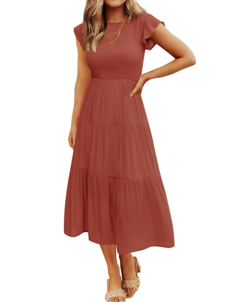 Gemma Midi Dress for Women – Smocked Waist with Ruffled Sleeves