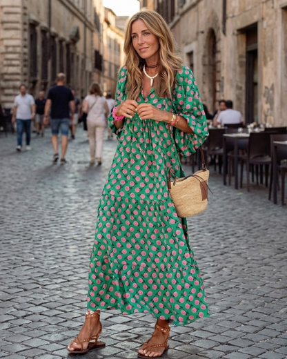 Amélie Women's Bohemian Maxi Dress – Long Flowing V-Neck Dress with Geometric Print