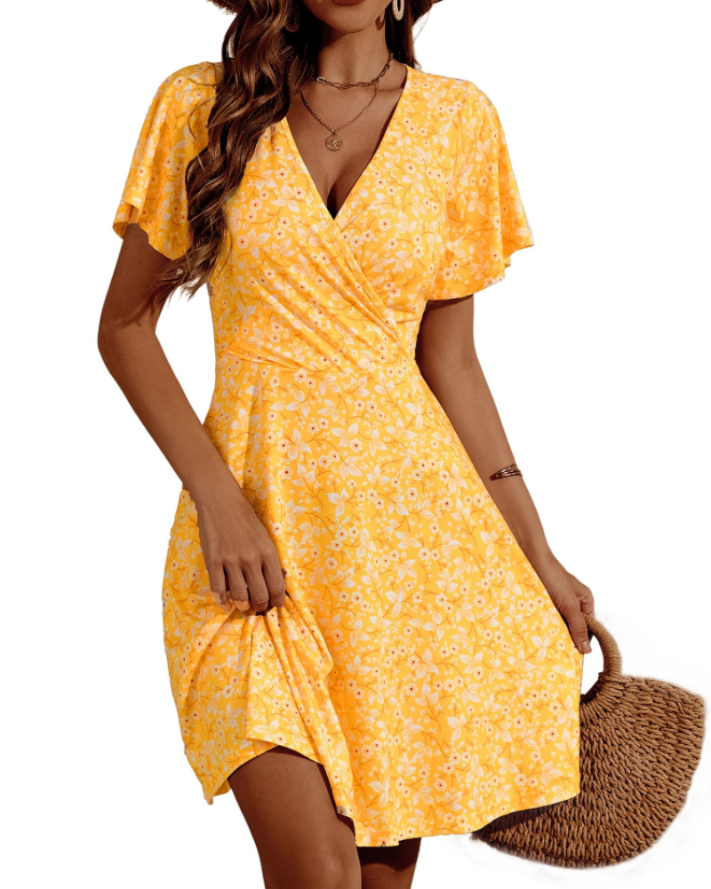 Faith Midi Dress for Women - Summer – Wrap Effect V-Neck with Ruffled Sleeves