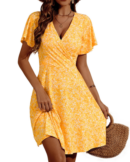 Faith Midi Dress for Women - Summer – Wrap Effect V-Neck with Ruffled Sleeves