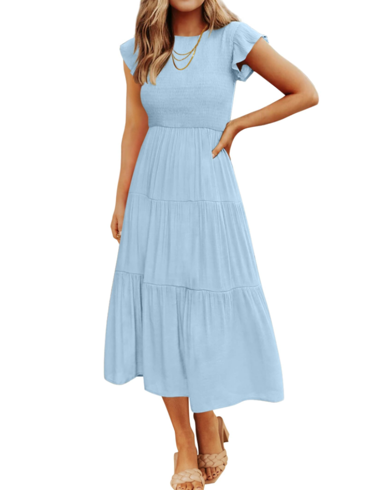 Gemma Midi Dress for Women – Smocked Waist with Ruffled Sleeves