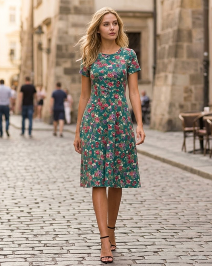 Léonie Midi Floral Dress for Women – Flared Dress with Short Sleeves and Round Neck for Summer