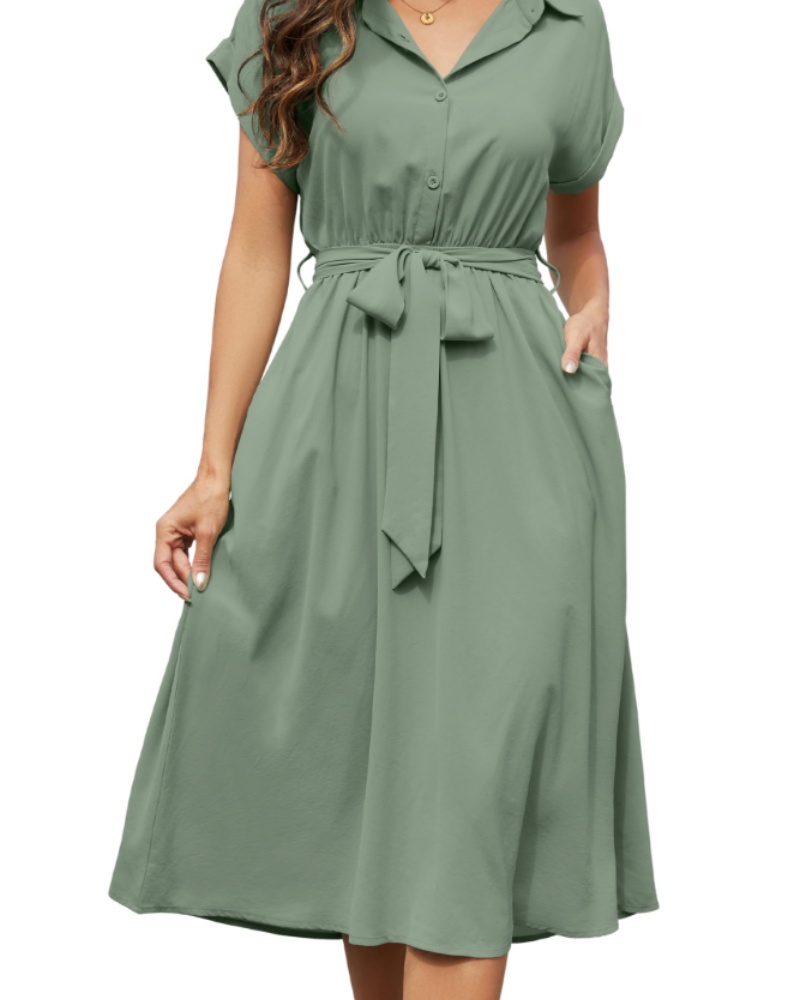 Cassidy Women's Dress – Midi A-Line V-Neck Short Sleeves & Pockets Summer Dress