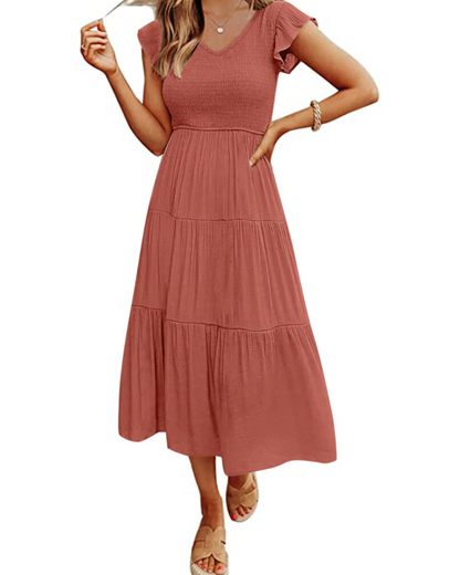 Skye Midi Dress for Women – V-Neck Smocked with Ruffled Sleeves & Pockets