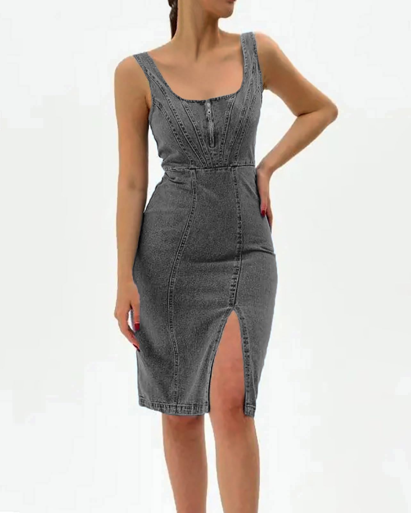 Maisie Women's Denim Midi Bodycon Dress – Adjustable Straps & Side Slit
