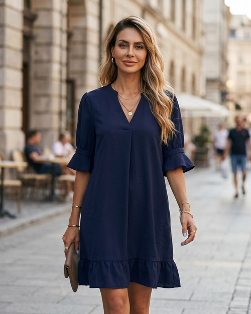 Emily Women's Summer Dress – Elegant V-Neck Loose Fit Midi Length Dress with Three-Quarter Sleeves