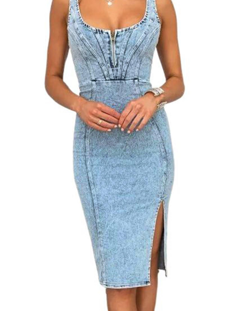 Maisie Women's Denim Midi Bodycon Dress – Adjustable Straps & Side Slit