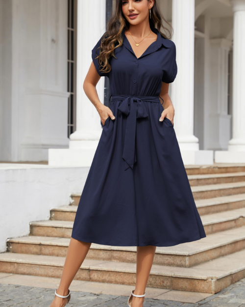 Cassidy Women's Dress – Midi A-Line V-Neck Short Sleeves & Pockets Summer Dress