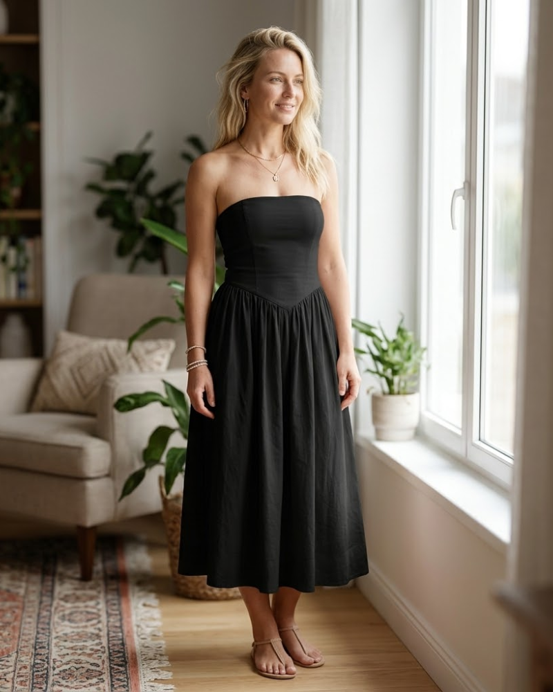 Lina Midi Dress for Women – Strapless Low Waist A-Line Summer Chic Dress