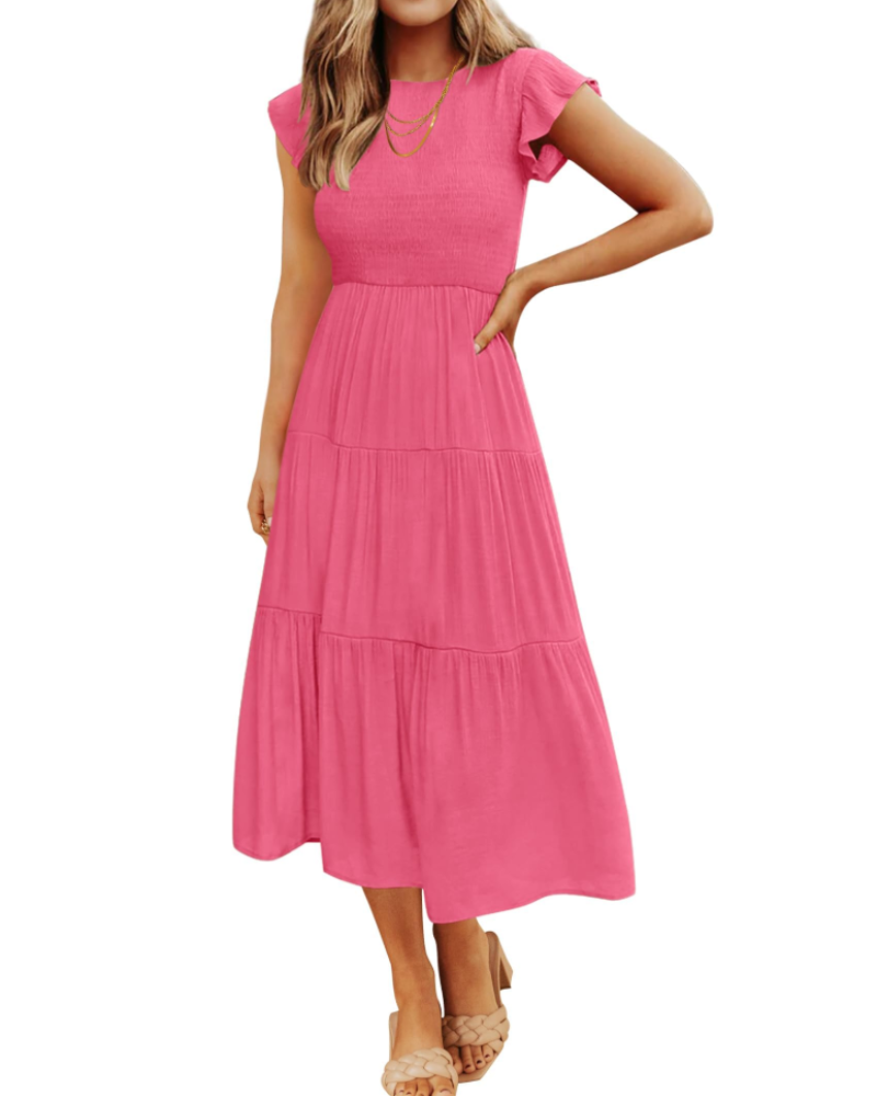 Gemma Midi Dress for Women – Smocked Waist with Ruffled Sleeves
