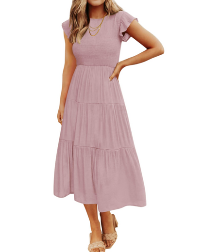 Gemma Midi Dress for Women – Smocked Waist with Ruffled Sleeves