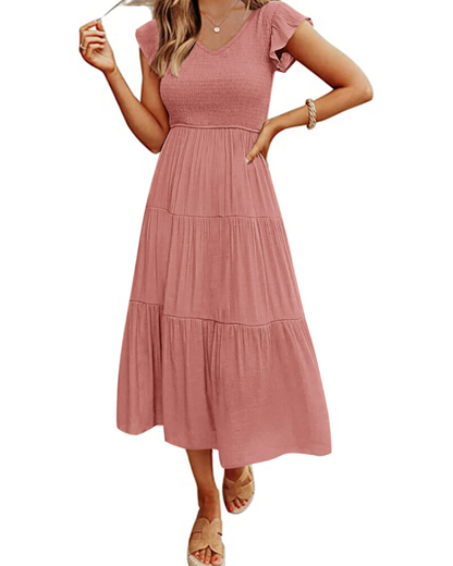 Skye Midi Dress for Women – V-Neck Smocked with Ruffled Sleeves & Pockets
