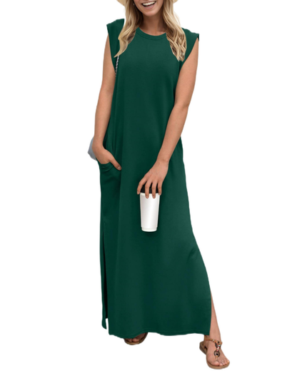 Erin Maxi Dress for Women Summer – Sleeveless Round Neck Slit & Pockets