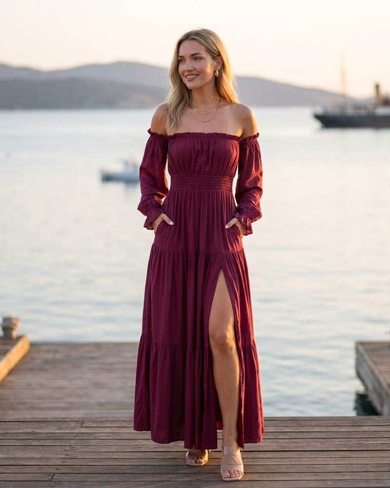 Sophie Maxi Dress for Women – Bohemian Off-Shoulder Dress with Slit and Smocked Waist