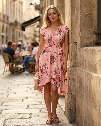 Sofia Floral Dress for Women – Elegant Summer Wrap Dress with Petal Sleeves