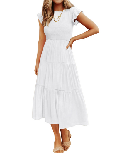 Gemma Midi Dress for Women – Smocked Waist with Ruffled Sleeves