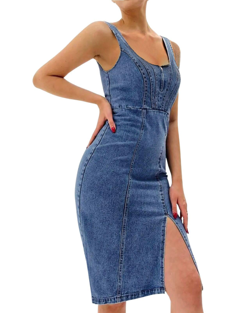 Maisie Women's Denim Midi Bodycon Dress – Adjustable Straps & Side Slit