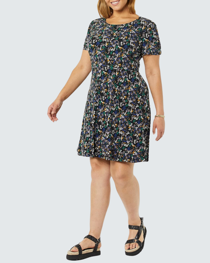 Girlie Women's A-Line Dress – Round Neck, Short Puff Sleeves, Flowing Cut