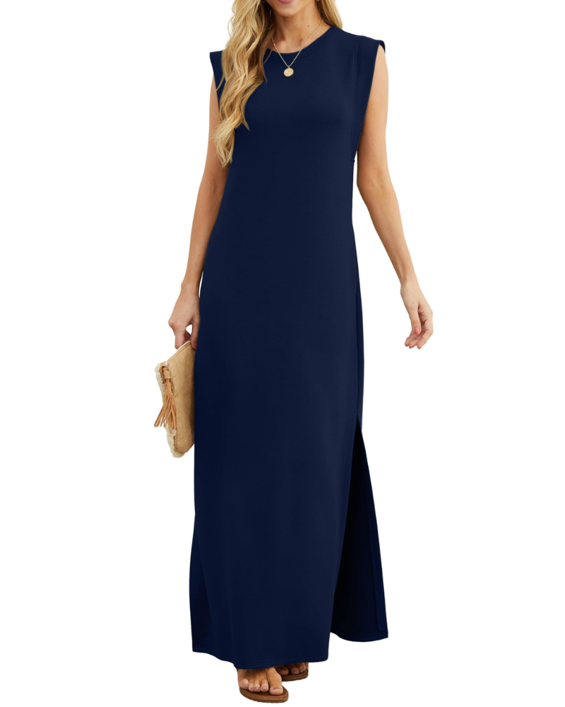 Erin Maxi Dress for Women Summer – Sleeveless Round Neck Slit & Pockets