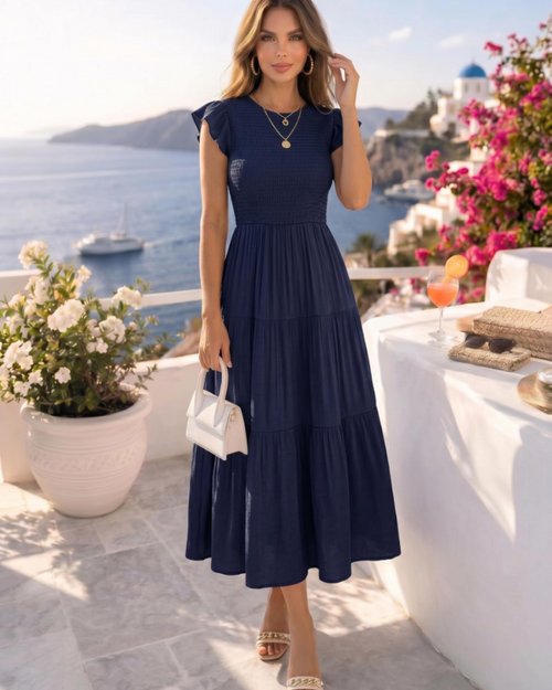 Gemma Midi Dress for Women – Smocked Waist with Ruffled Sleeves