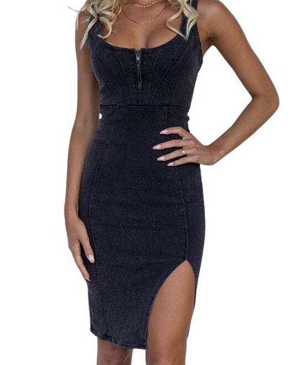 Maisie Women's Denim Midi Bodycon Dress – Adjustable Straps & Side Slit