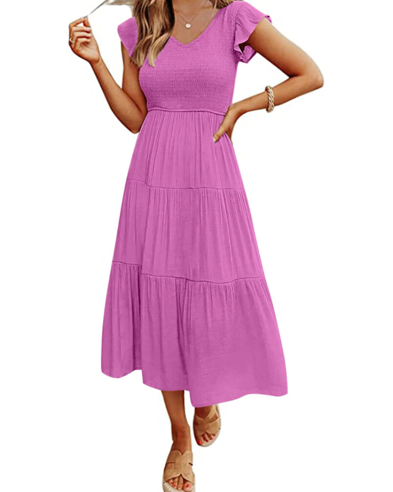 Skye Midi Dress for Women – V-Neck Smocked with Ruffled Sleeves & Pockets