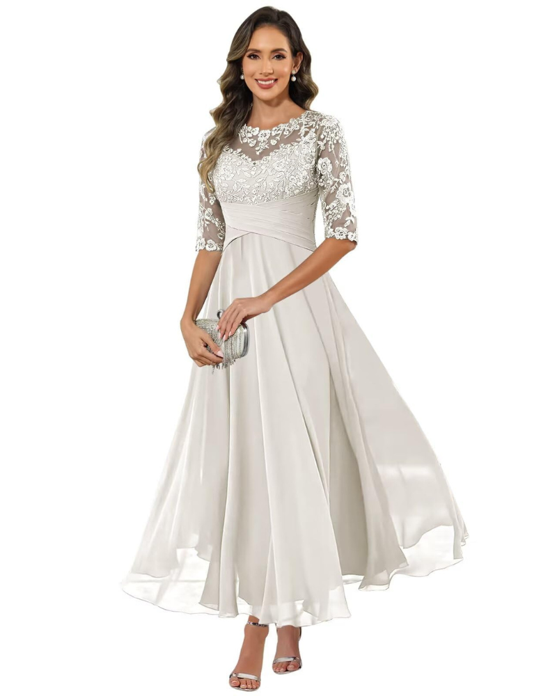 Olanthe Evening Dress for Women – Lace & Chiffon, 3/4 Sleeves & Elegant A-Line Cut