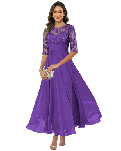 Olanthe Evening Dress for Women – Lace & Chiffon, 3/4 Sleeves & Elegant A-Line Cut