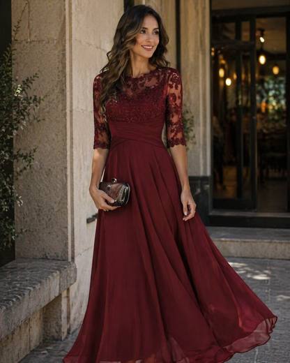 Olanthe Evening Dress for Women – Lace & Chiffon, 3/4 Sleeves & Elegant A-Line Cut