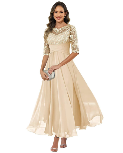 Olanthe Evening Dress for Women – Lace & Chiffon, 3/4 Sleeves & Elegant A-Line Cut