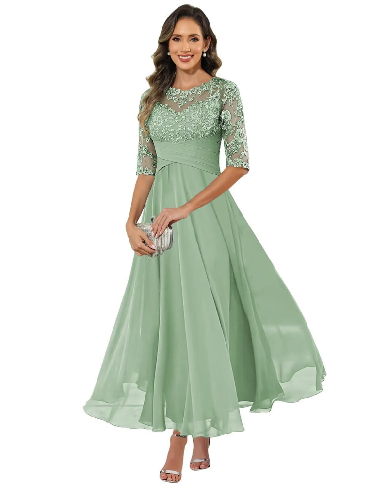 Olanthe Evening Dress for Women – Lace & Chiffon, 3/4 Sleeves & Elegant A-Line Cut