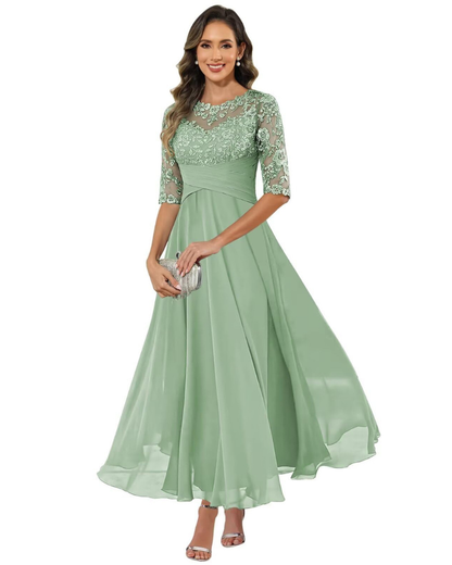 Olanthe Evening Dress for Women – Lace & Chiffon, 3/4 Sleeves & Elegant A-Line Cut
