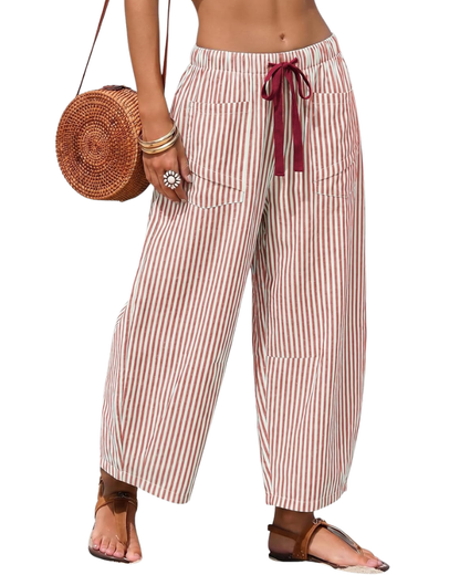 Eshie Women's Pants – Striped Wide-Leg Capri with Elastic Waistband & Pockets