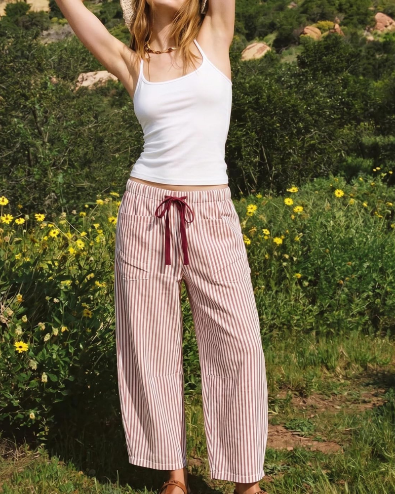 Eshie Women's Pants – Striped Wide-Leg Capri with Elastic Waistband & Pockets