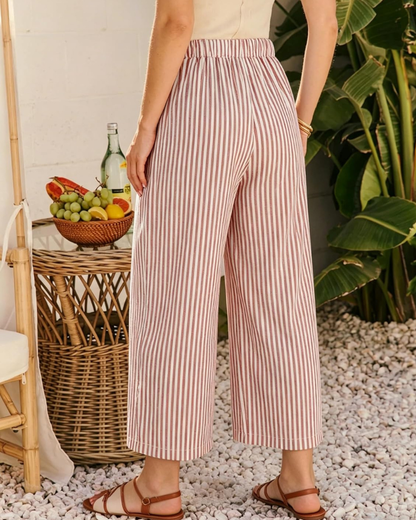 Eshie Women's Pants – Striped Wide-Leg Capri with Elastic Waistband & Pockets