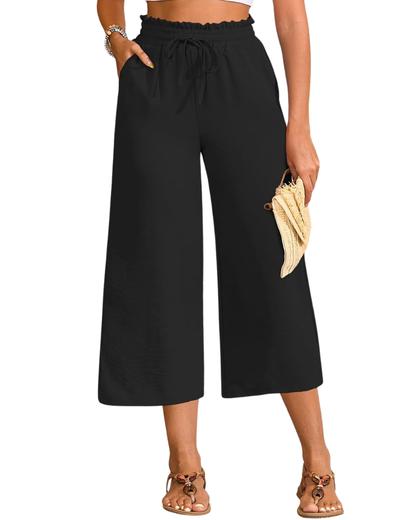 Zina Women's Pants – Wide High-Waisted Capri with Drawstring & Pockets Summer