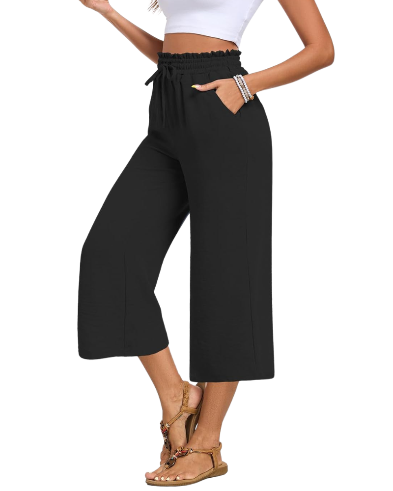 Zina Women's Pants – Wide High-Waisted Capri with Drawstring & Pockets Summer