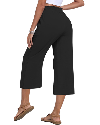 Zina Women's Pants – Wide High-Waisted Capri with Drawstring & Pockets Summer