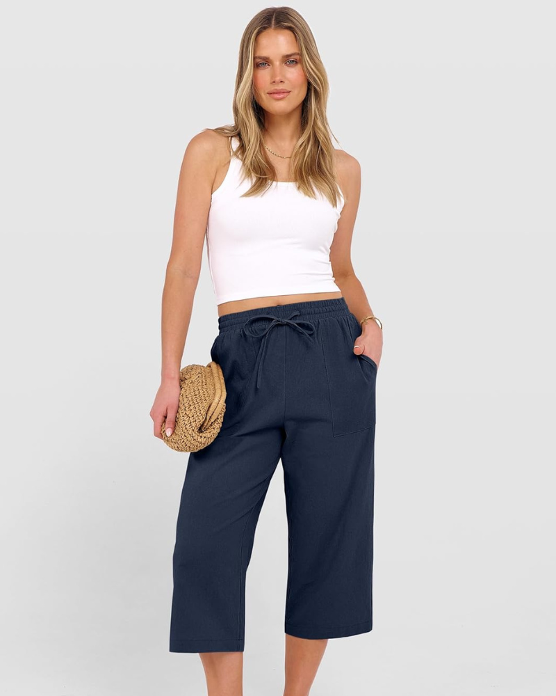 Kris Women's Pants – High-Waisted Capri Palazzo with Drawstring & Pockets for Summer