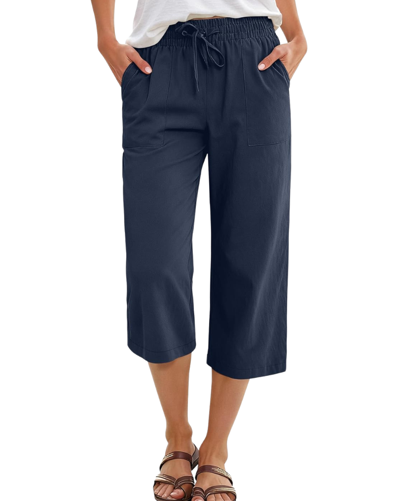 Kris Women's Pants – High-Waisted Capri Palazzo with Drawstring & Pockets for Summer