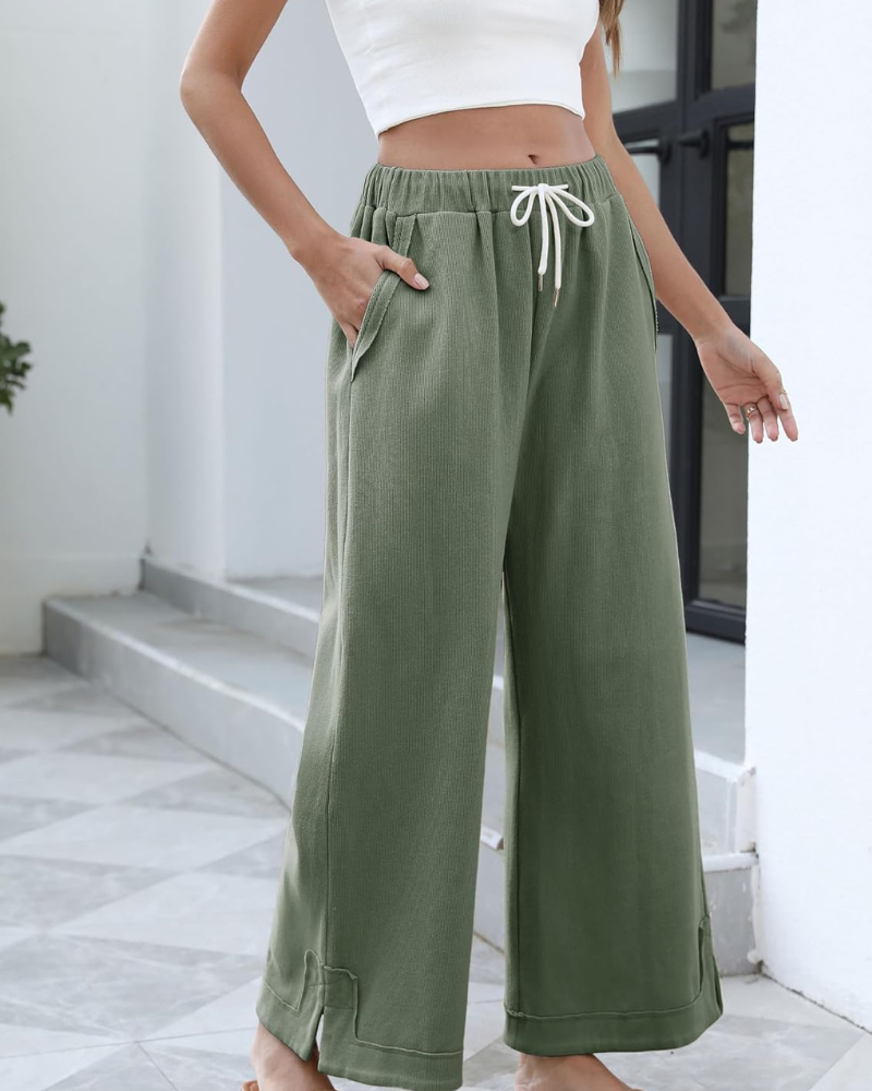 Ahtisa Women's Pants – Palazzo Wide Elastic Waist with Drawstring & Pockets
