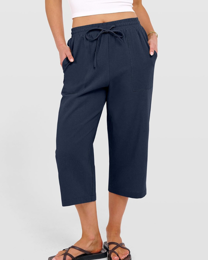 Kris Women's Pants – High-Waisted Capri Palazzo with Drawstring & Pockets for Summer