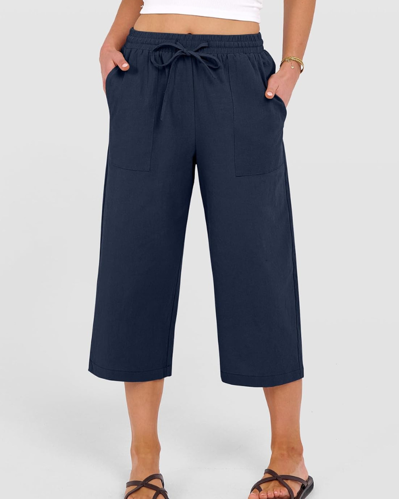 Kris Women's Pants – High-Waisted Capri Palazzo with Drawstring & Pockets for Summer