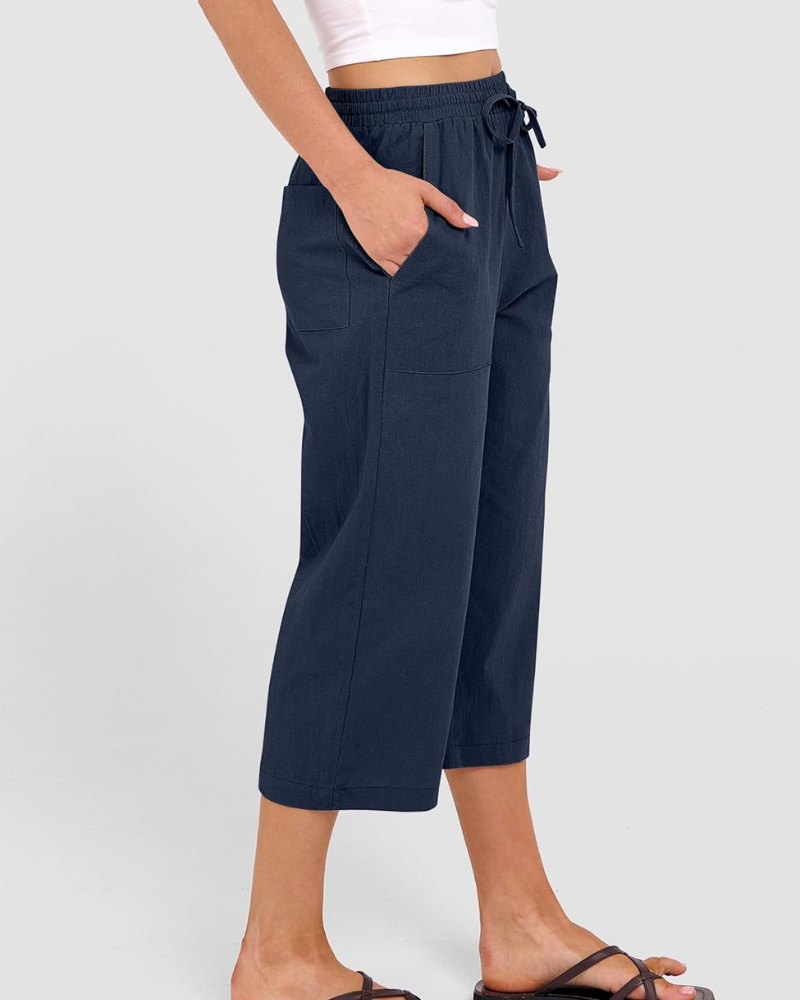 Kris Women's Pants – High-Waisted Capri Palazzo with Drawstring & Pockets for Summer