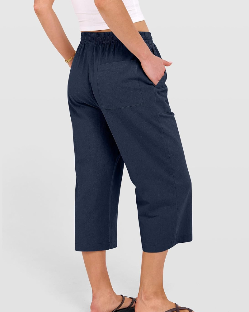 Kris Women's Pants – High-Waisted Capri Palazzo with Drawstring & Pockets for Summer