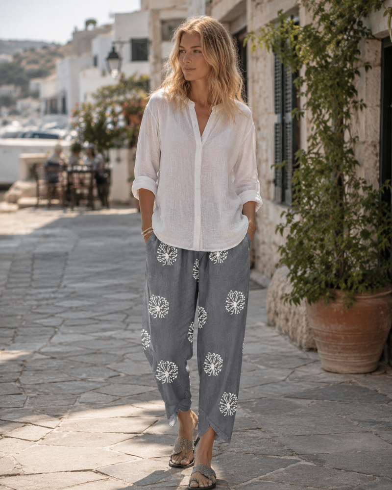 Léa Women's Pants – Capri Linen Cotton Wide with Elastic Waist & Pockets